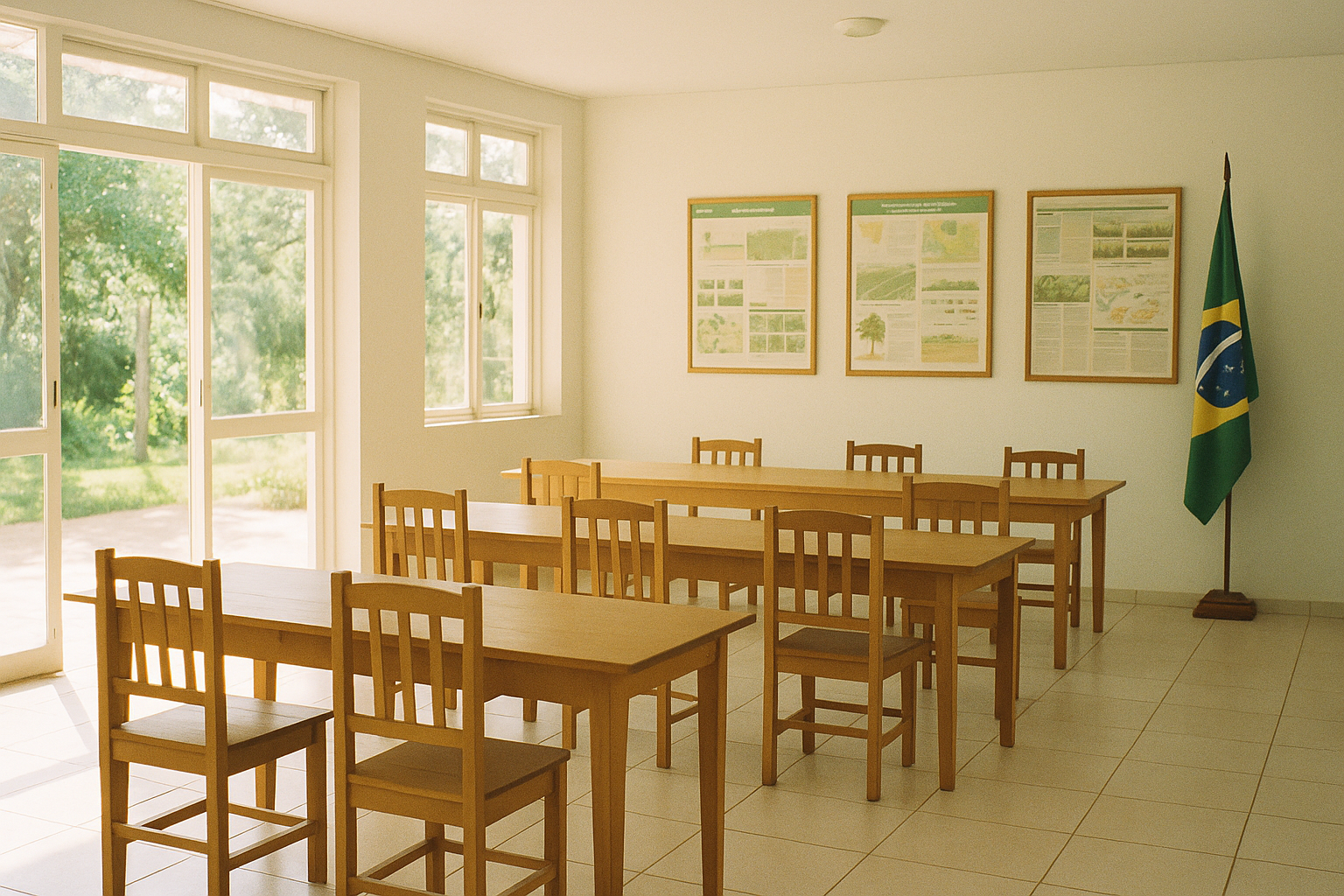 Interior vazio de escritório de sindicato rural com mesas de madeira, quadros de avisos e luz natural entrando pelas janelas