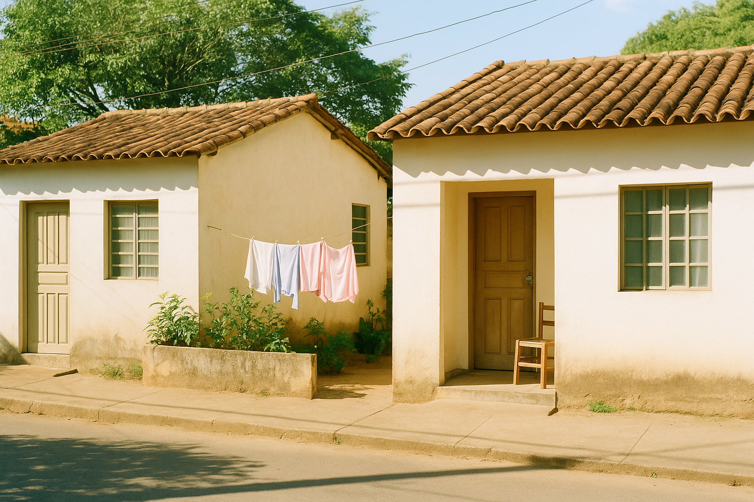 Duas casas simples lado a lado em rua brasileira com números diferentes nas portas, representando situação de endereços distintos em família