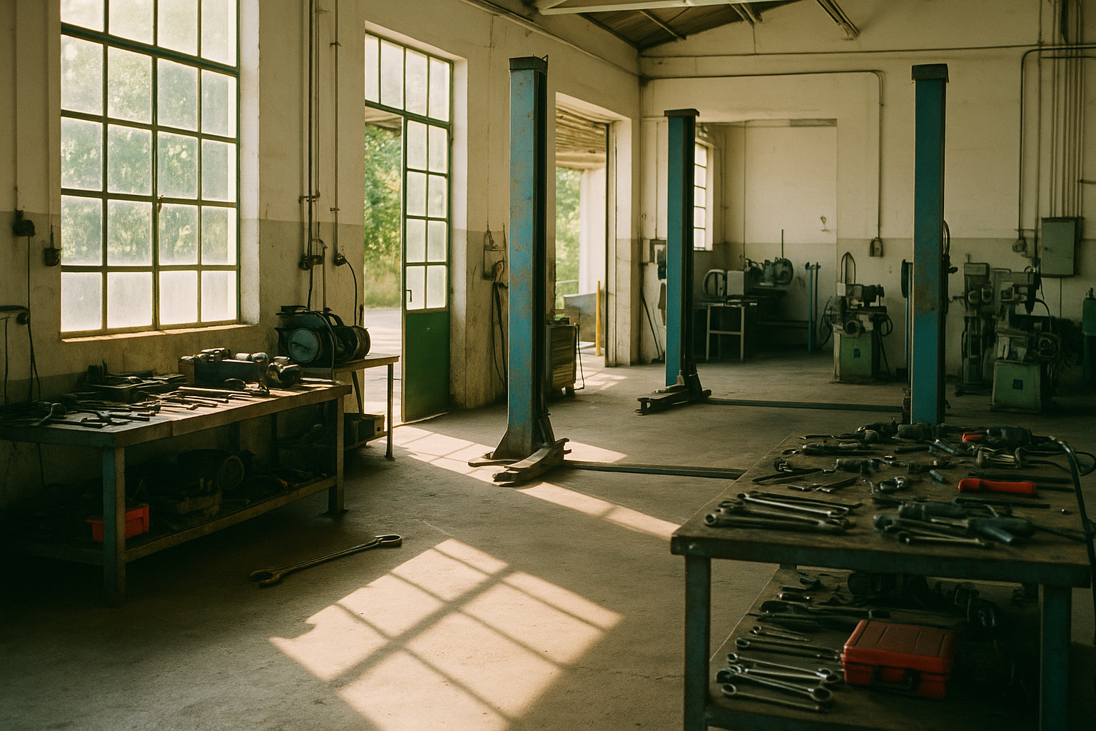Interior de oficina mecânica industrial com luz natural, ferramentas e equipamentos espalhados, ambiente típico de trabalho exposto a ruído