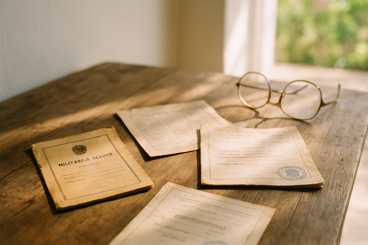 Documentos antigos espalhados sobre mesa de madeira com luz natural, incluindo certificados militares e registros rurais amarelados pelo tempo