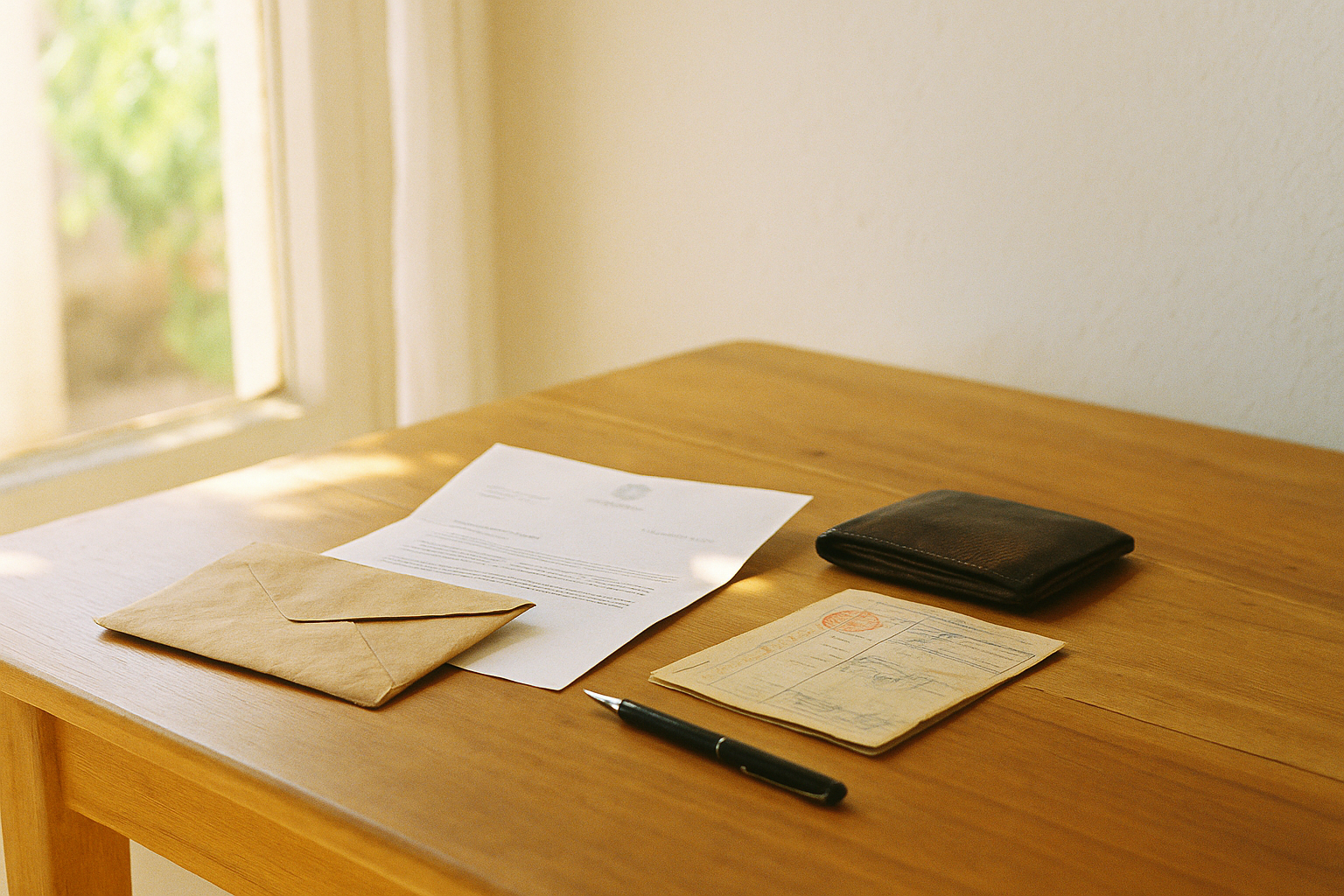 Envelope pardo com carta oficial e documentos antigos sobre mesa de madeira iluminada por luz natural do dia.