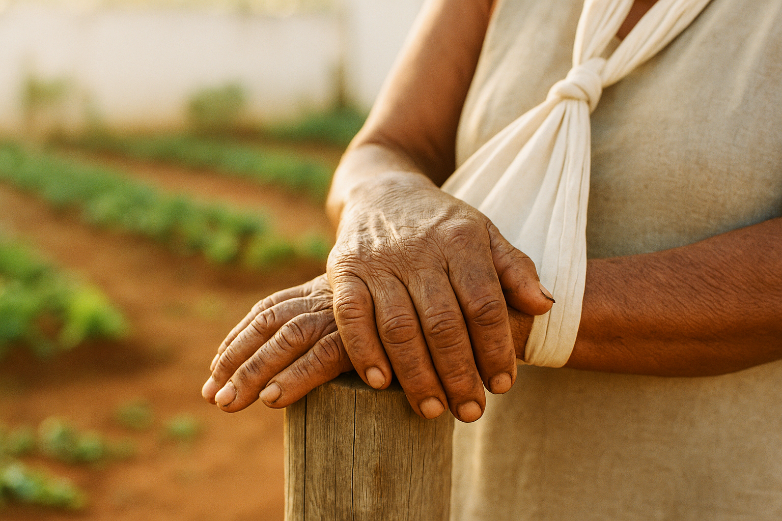 Mãos de agricultora com tipoia no braço esquerdo apoiadas em cerca de madeira, com horta ao fundo.